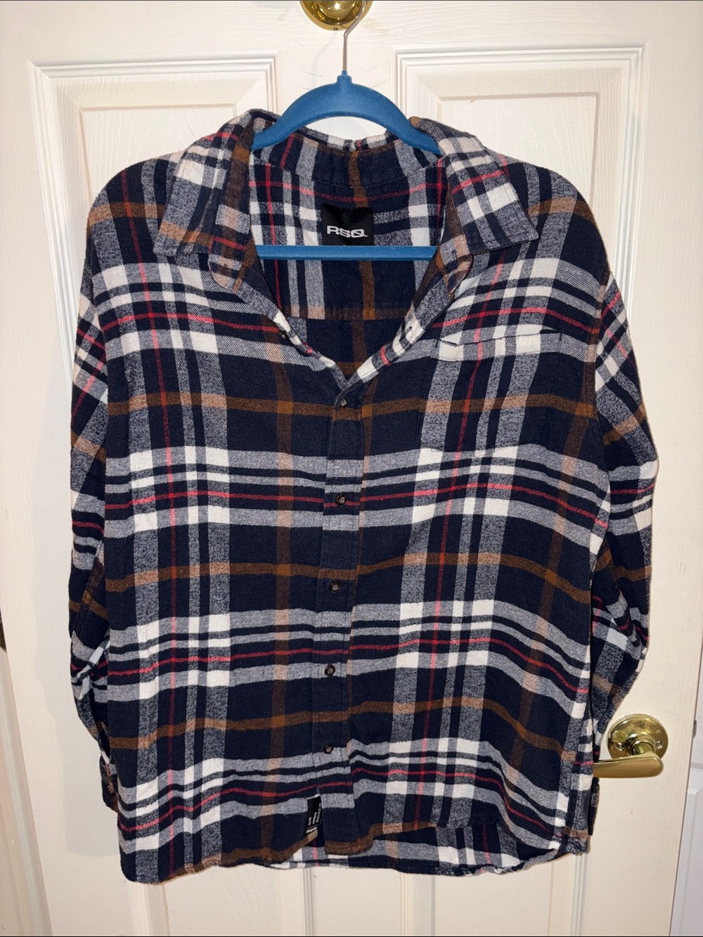RSQ Men’s Navy, Brown and White Plaid Button-Down Shirt size L